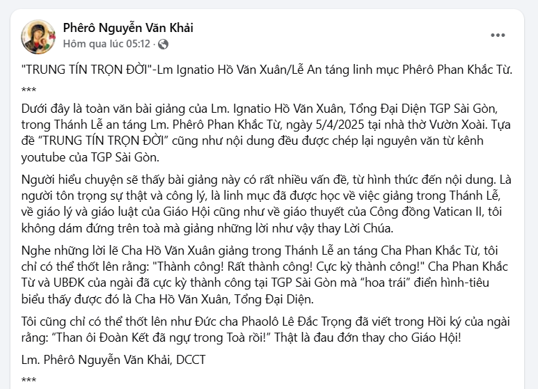 Tranh cãi bài giảng an táng Lm. Phêrô Phan Khắc Từ - Linh mục Phêrô Nguyễn Văn Khải