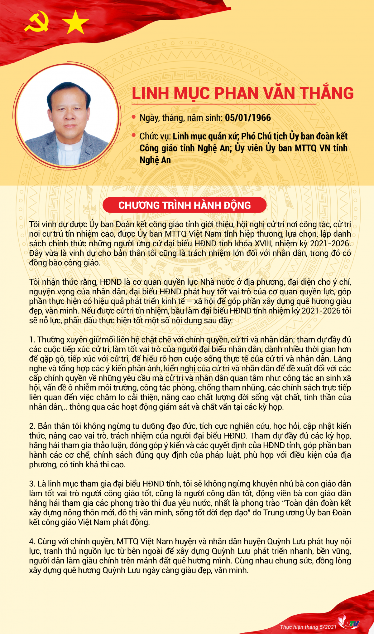 Chương trình hành động của ứng cử viên đại biểu HĐND tỉnh khóa XVIII Linh Mục Phan Văn Thắng | Ảnh: truyenhinhnghean