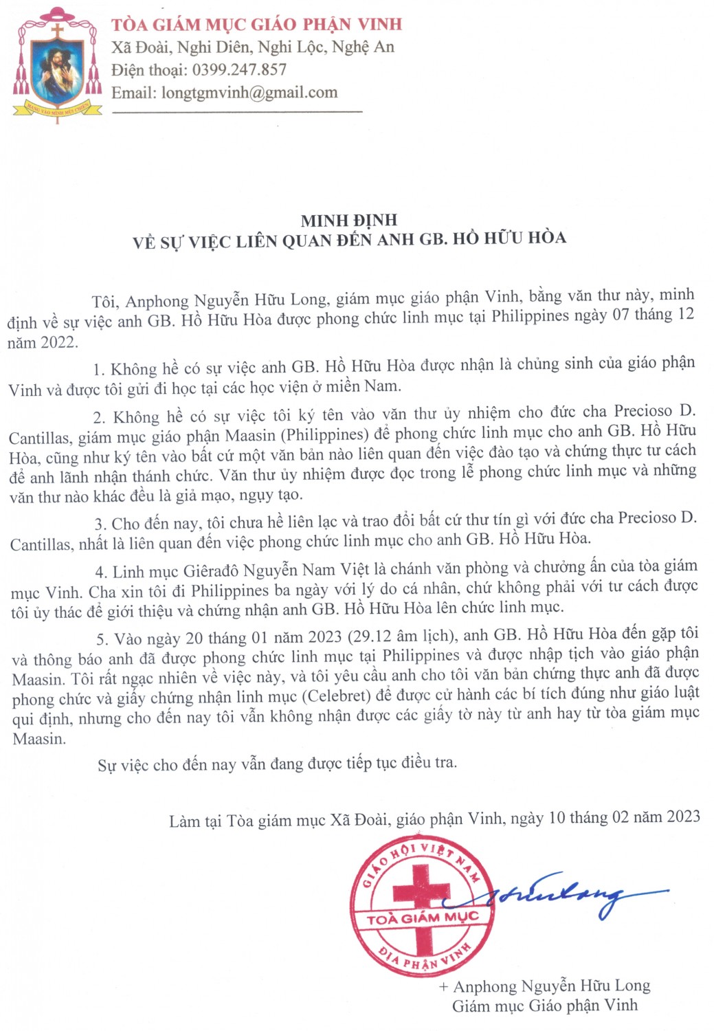 Thông báo Minh định từ GP Vinh về J.B Hồ Hữu Hòa