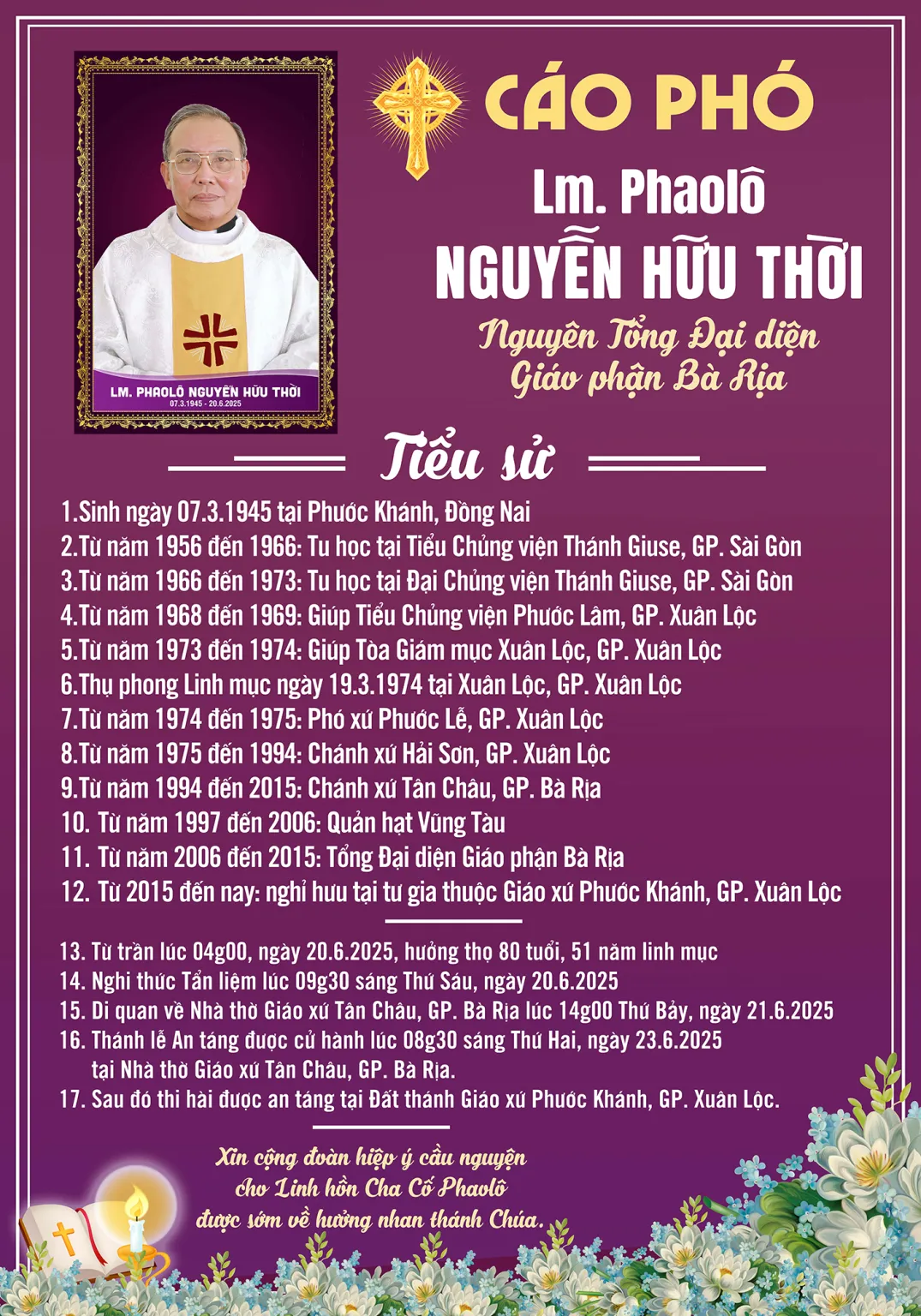 Lm. Phaolô Nguyễn Hữu Thời – Nguyên Tổng Đại diện GP. Bà Rịa qua đời
