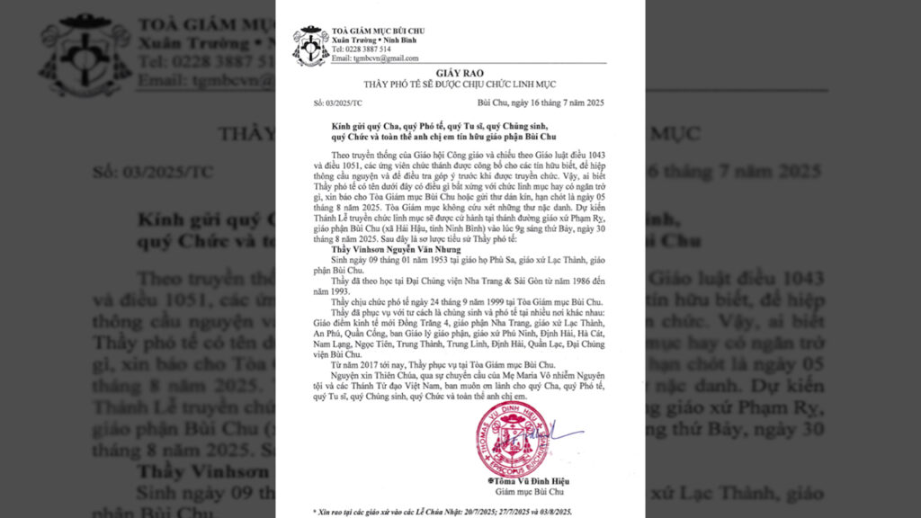 GP Bùi Chu: 1 Phó tế 72 tuổi được rao phong chức Linh mục sau 26 năm