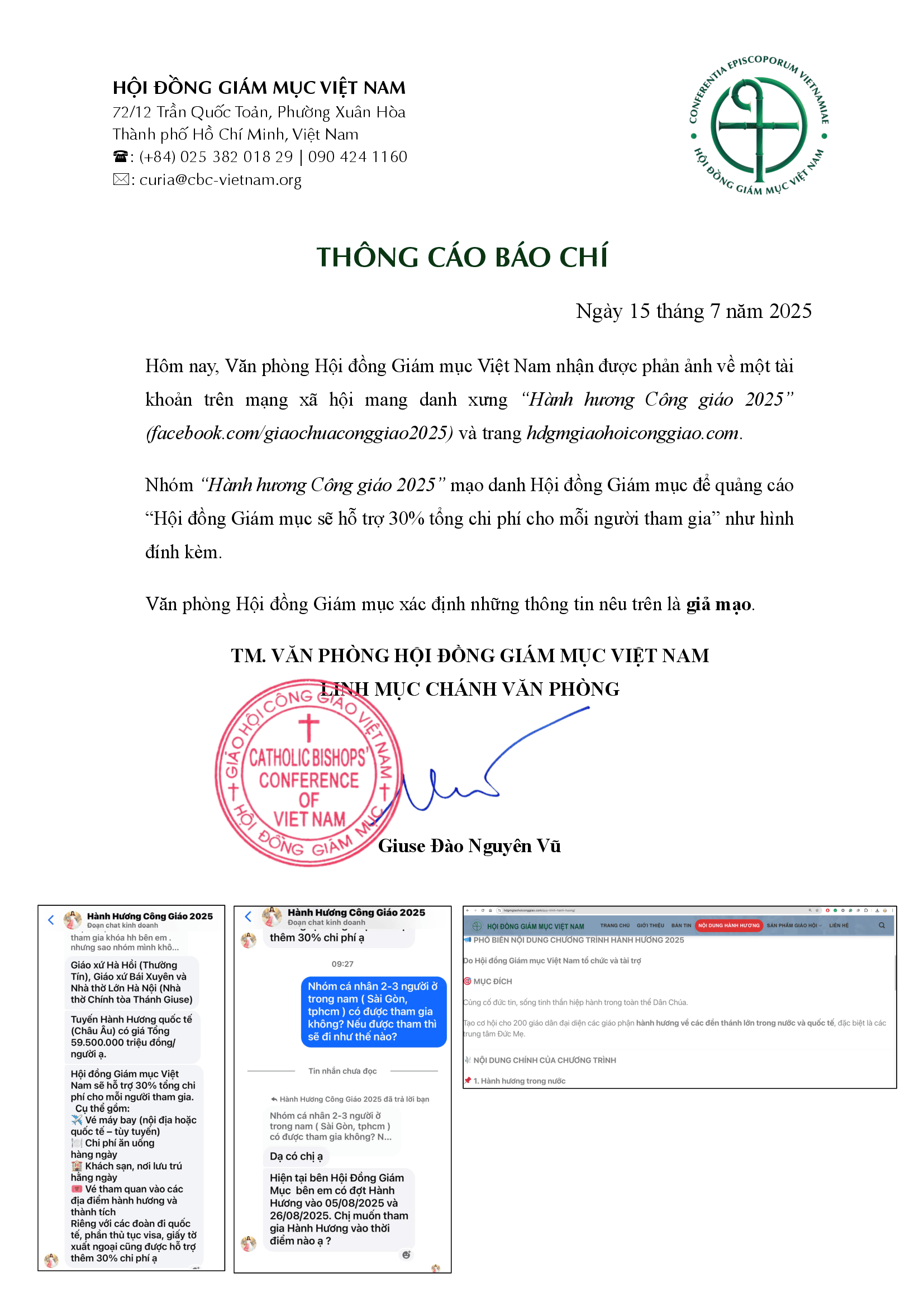 Thông báo về việc giả mạo Hội Đồng Giám mục Việt Nam