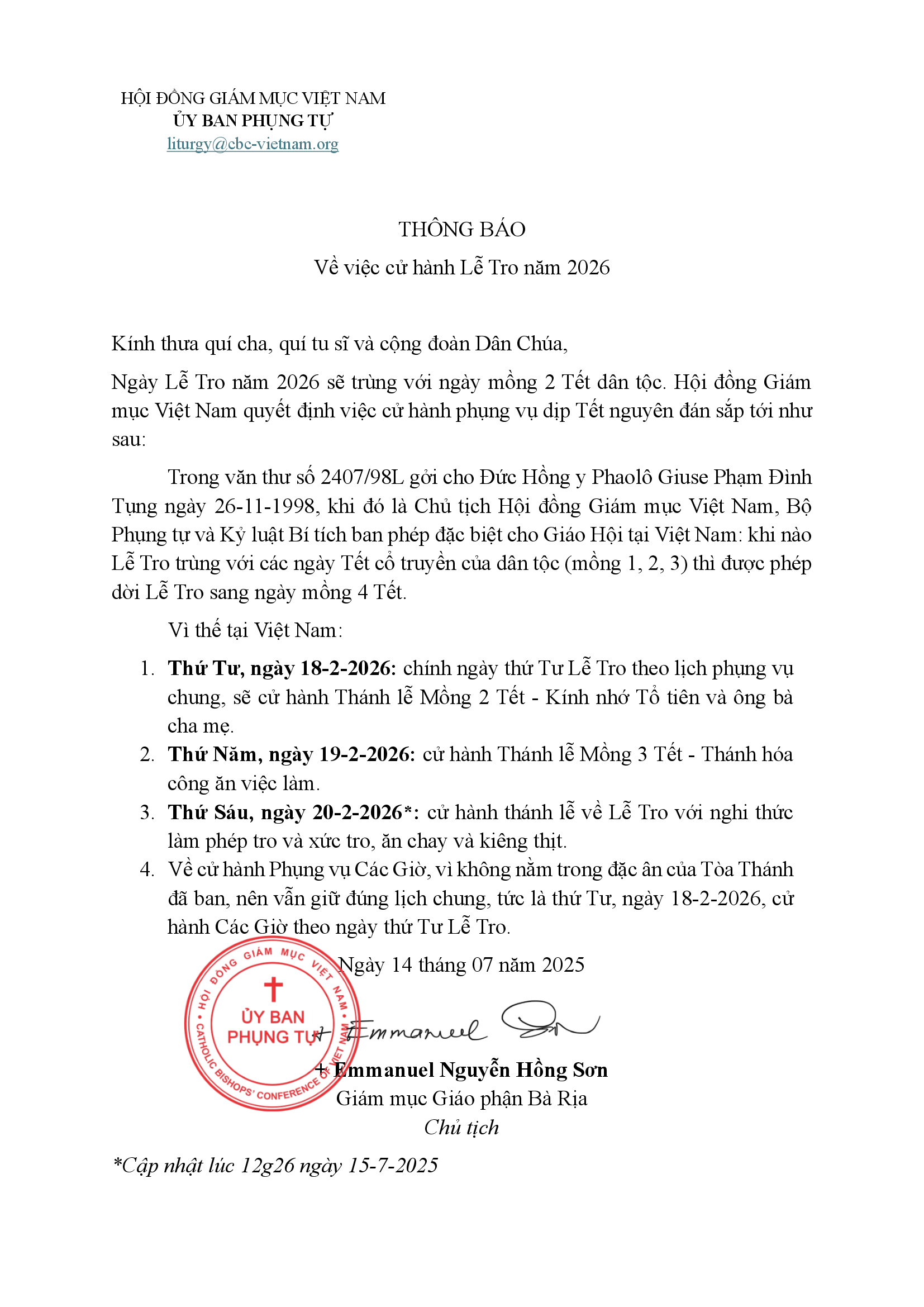 Ủy Ban Phụng Tự Thông Báo Về Việc Cử Hành Lễ Tro Năm 2026