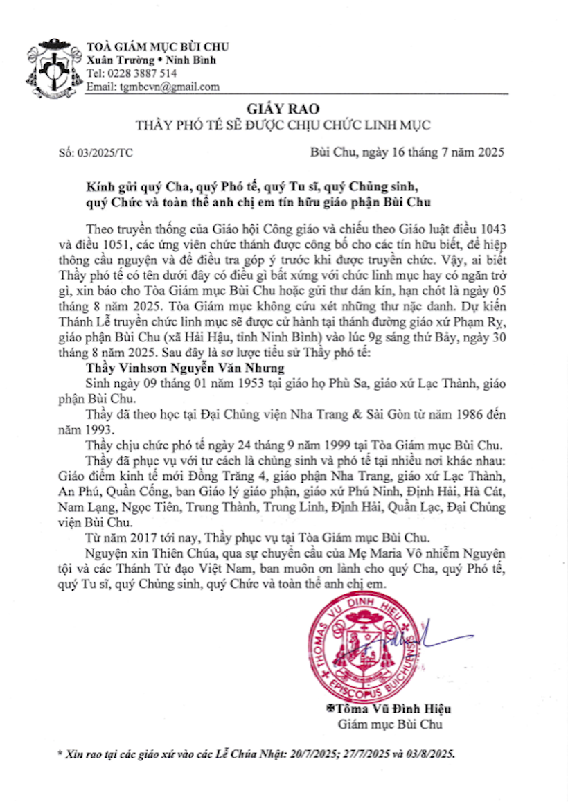 GP Bùi Chu: 1 Phó tế 72 tuổi được rao phong chức Linh mục sau 26 năm