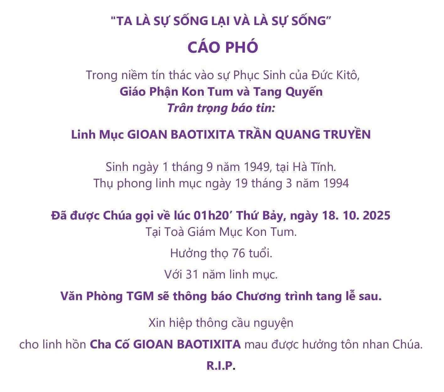 Cha Cố Gioan Baotixita Trần Quang Truyền (GP Kon Tum)