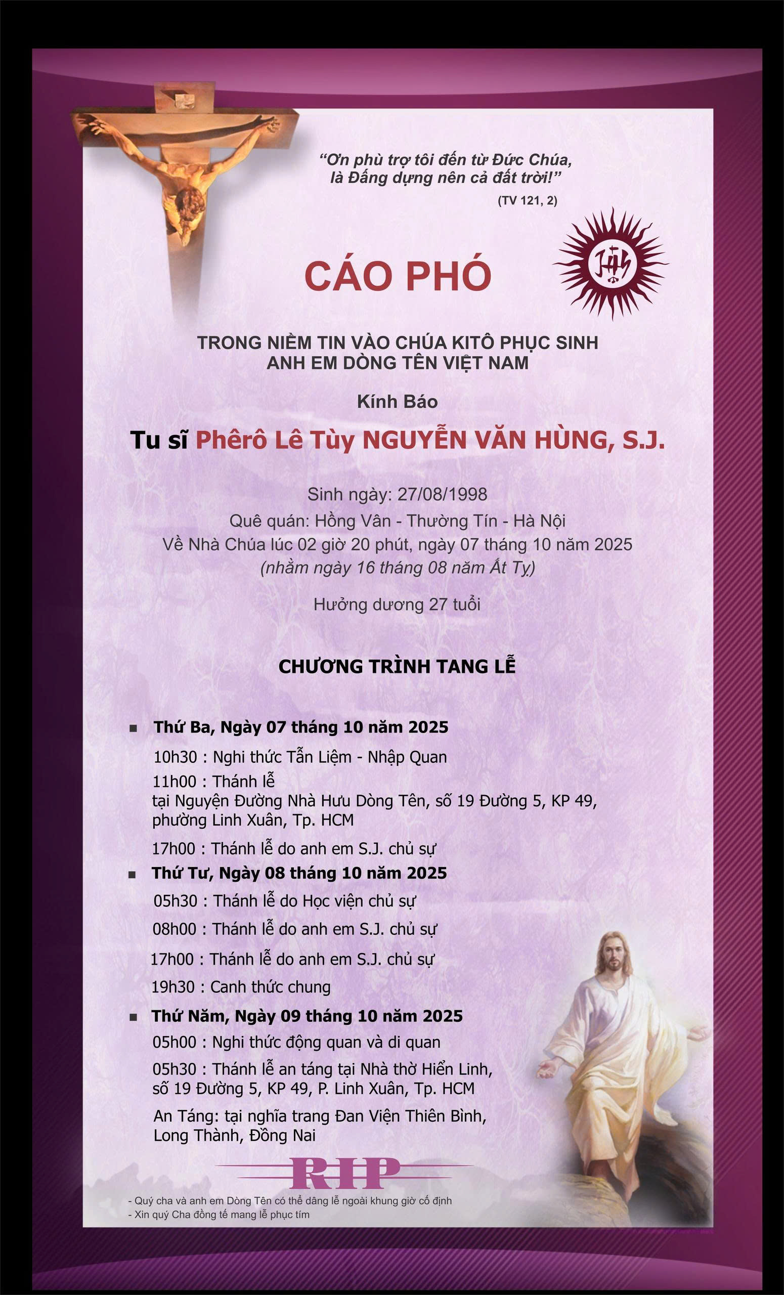 Thương xót Tu sĩ Dòng Tên Việt Nam qua đời ở tuổi 27