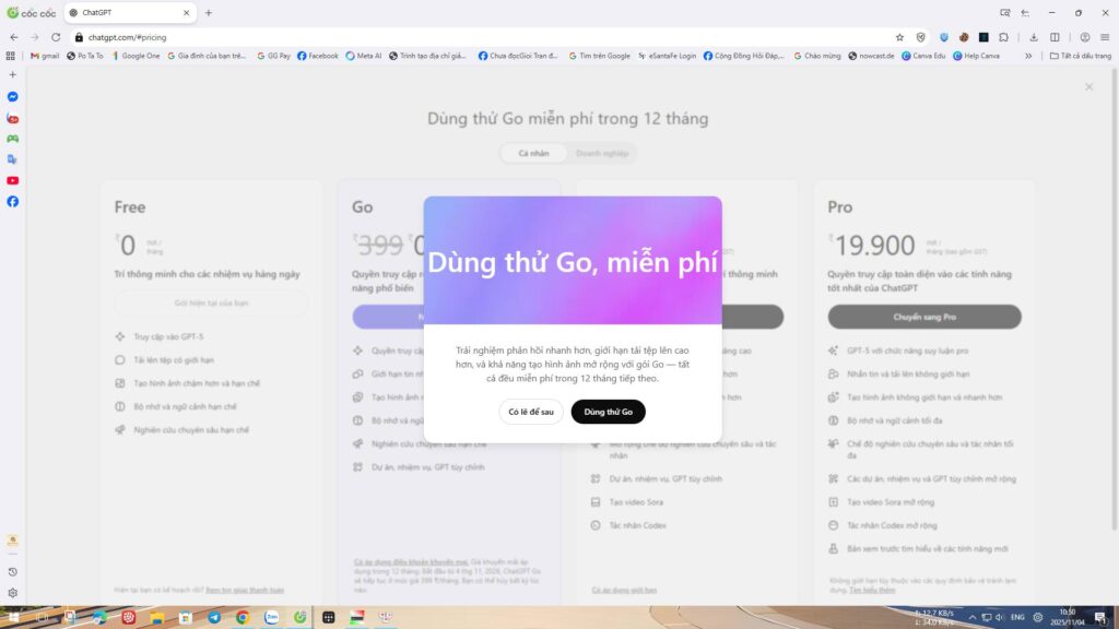 Hướng dẫn nâng cấp gói CHATGPT GO 1 năm miễn phí