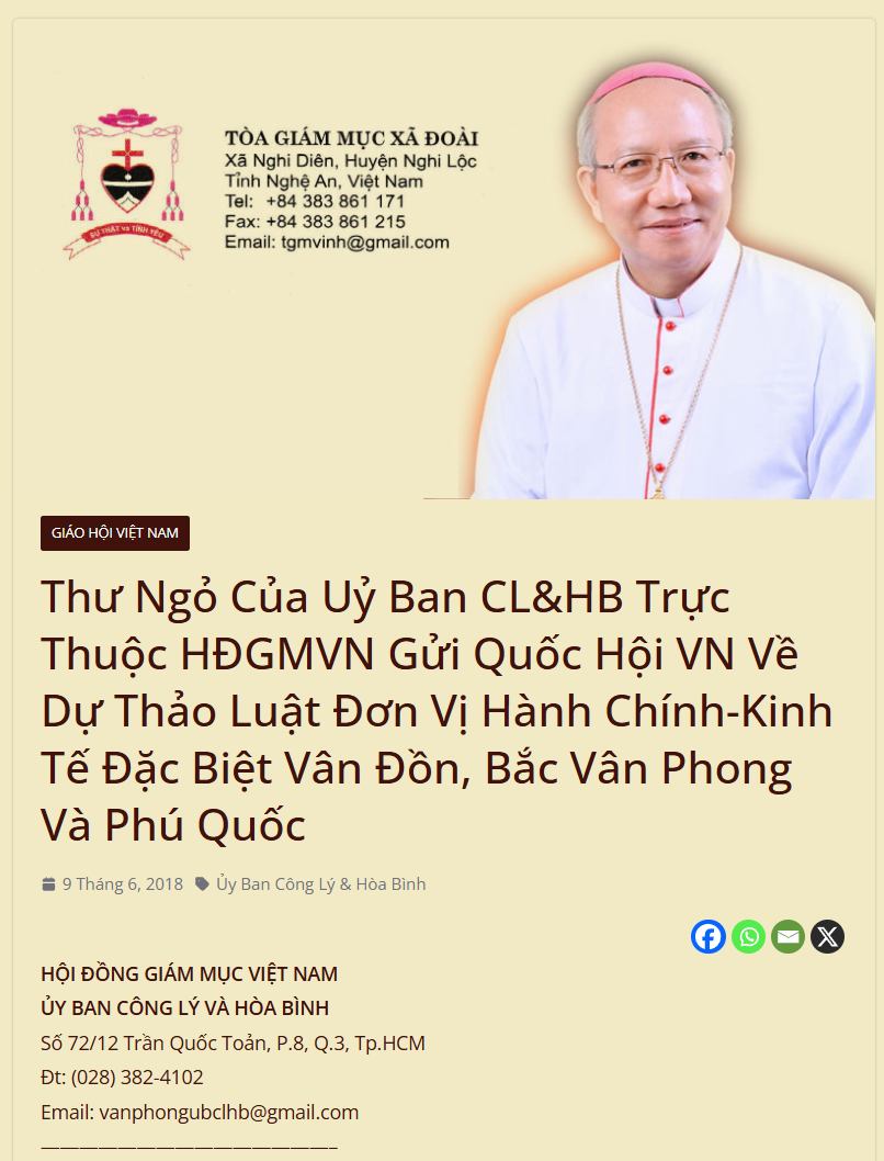 Thư ngỏ của HĐGMVN gửi Quốc hội VN liên quan đến 3 Đặc khu kinh tế Việt Nam