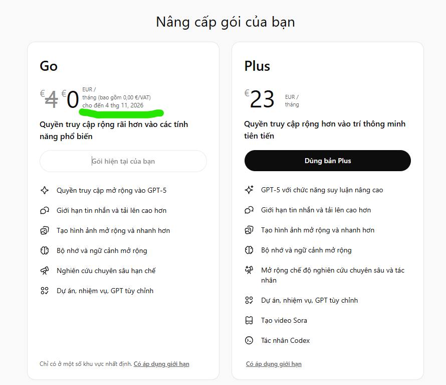 Hướng dẫn nâng cấp gói CHATGPT GO 1 năm miễn phí