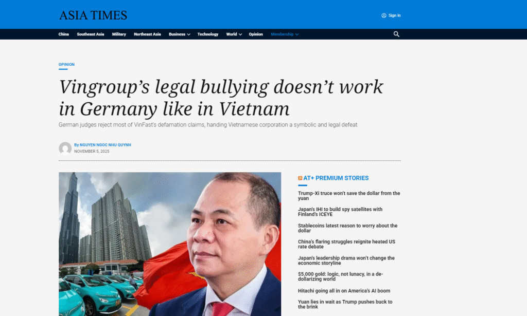 Tờ báo Asia Times viết về Vụ kiện giữa Vingroup, ông Phạm Nhật Vượng và nhà báo Lê Trung Khoa
