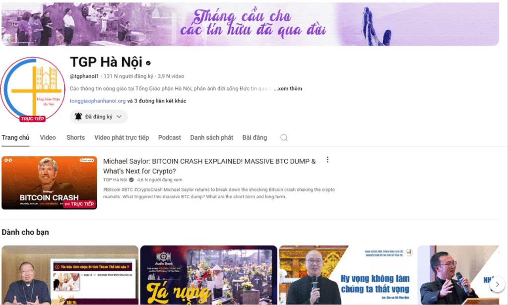 Kênh Youtube TGP HÀ NỘI bị hacker tấn công để live Bitcoin