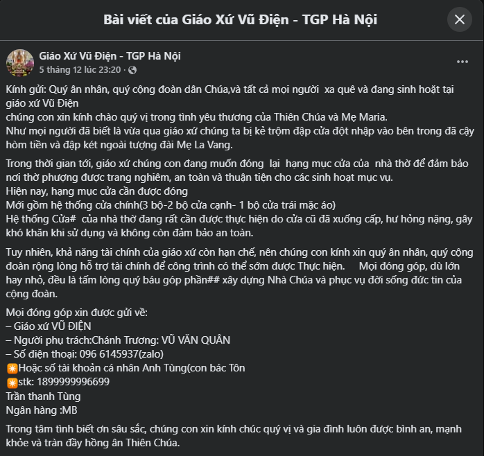 Giáo Xứ Vũ Điện - TGP Hà Nội bị kẻ lạ đập phá