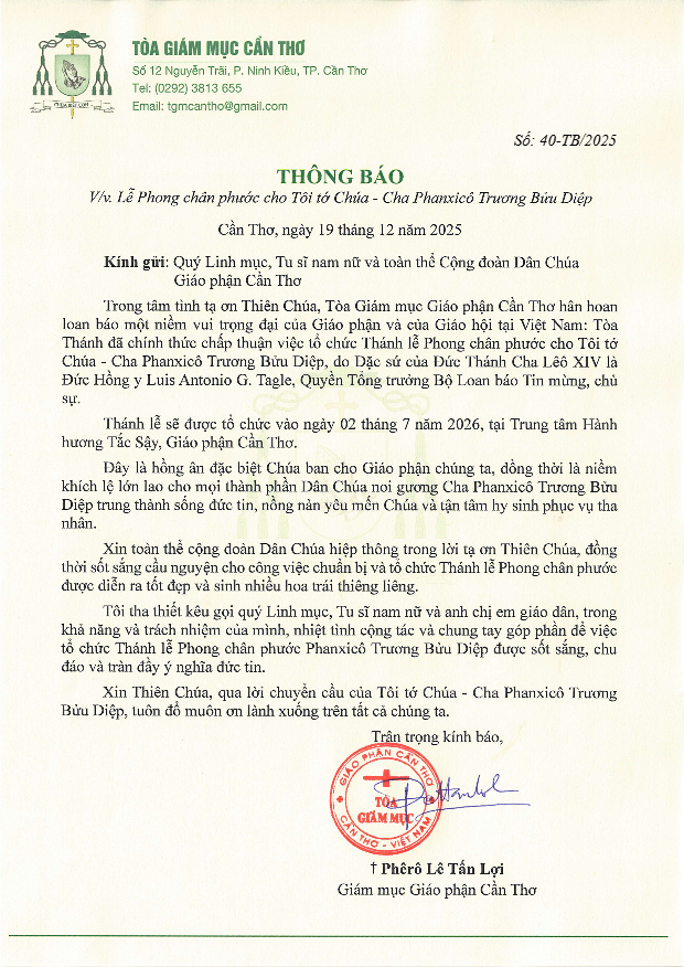 TGM Cần Thơ – Thông báo về Thánh lễ Phong chân phước cho Tôi tớ Chúa – Cha Phanxicô Trương Bửu Diệp
