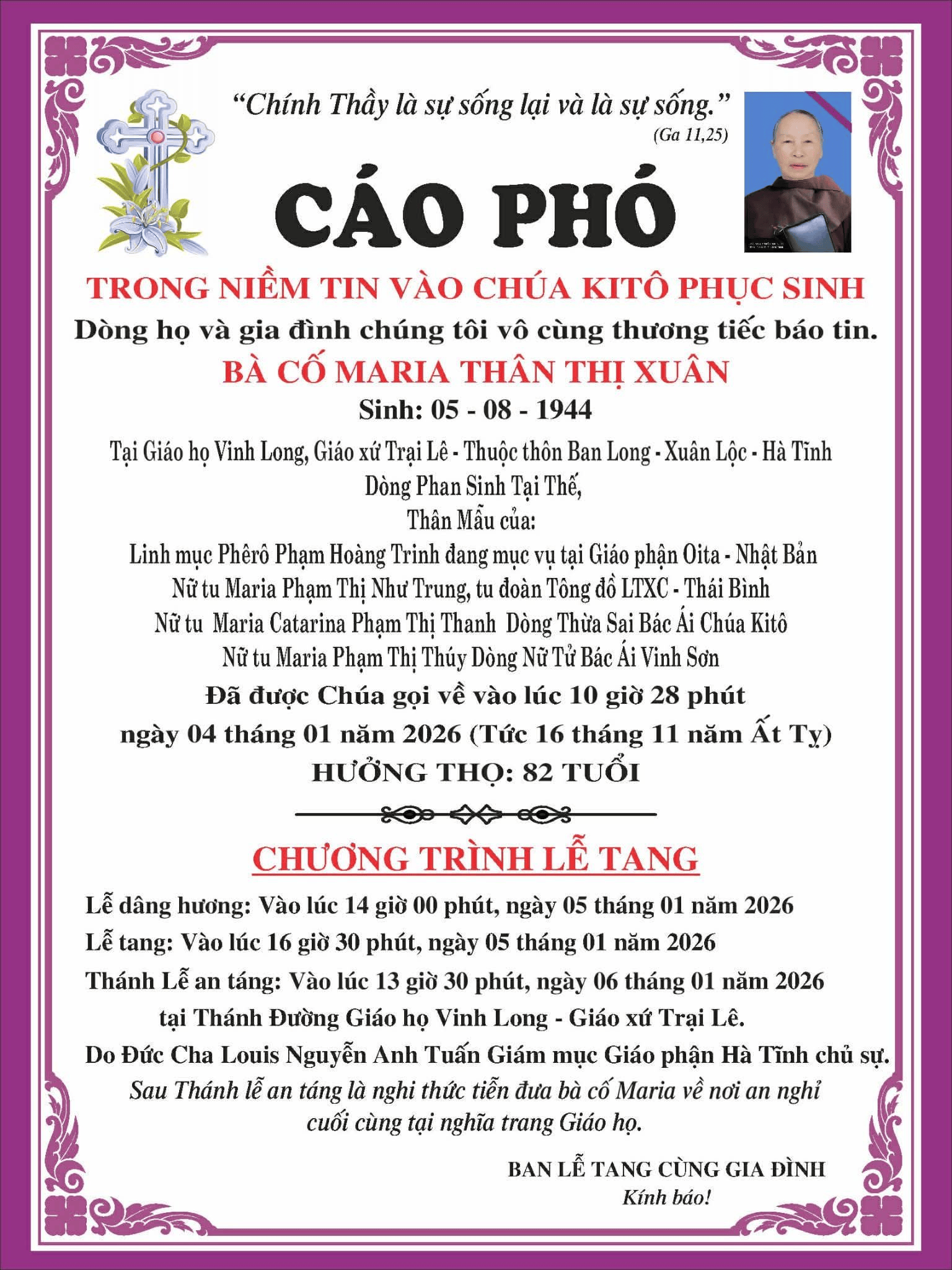 Bà cố của 1 Linh mục và 3 Nữ tu qua đời