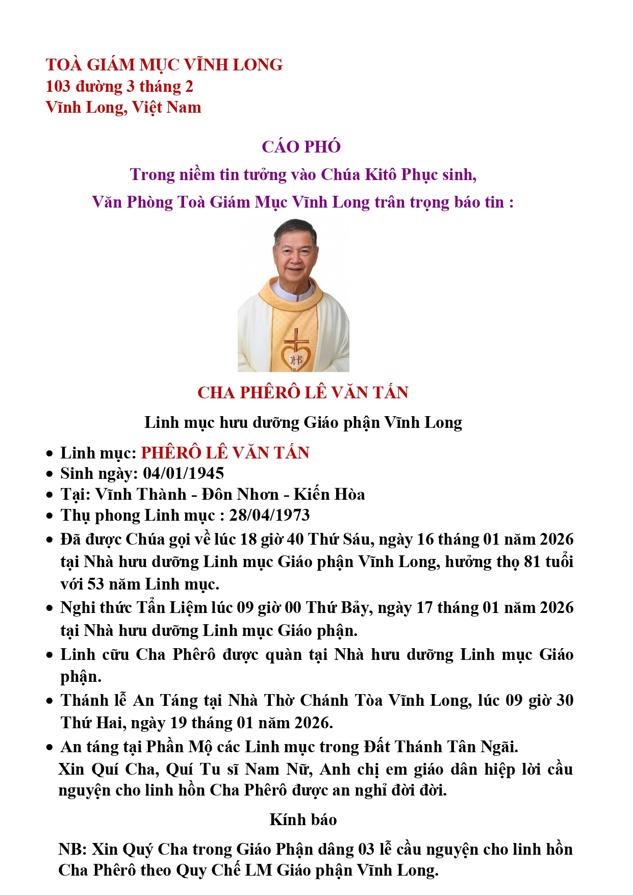 Cáo phó Linh mục Phêrô Lê Văn Tấn – Giáo phận Vĩnh Long