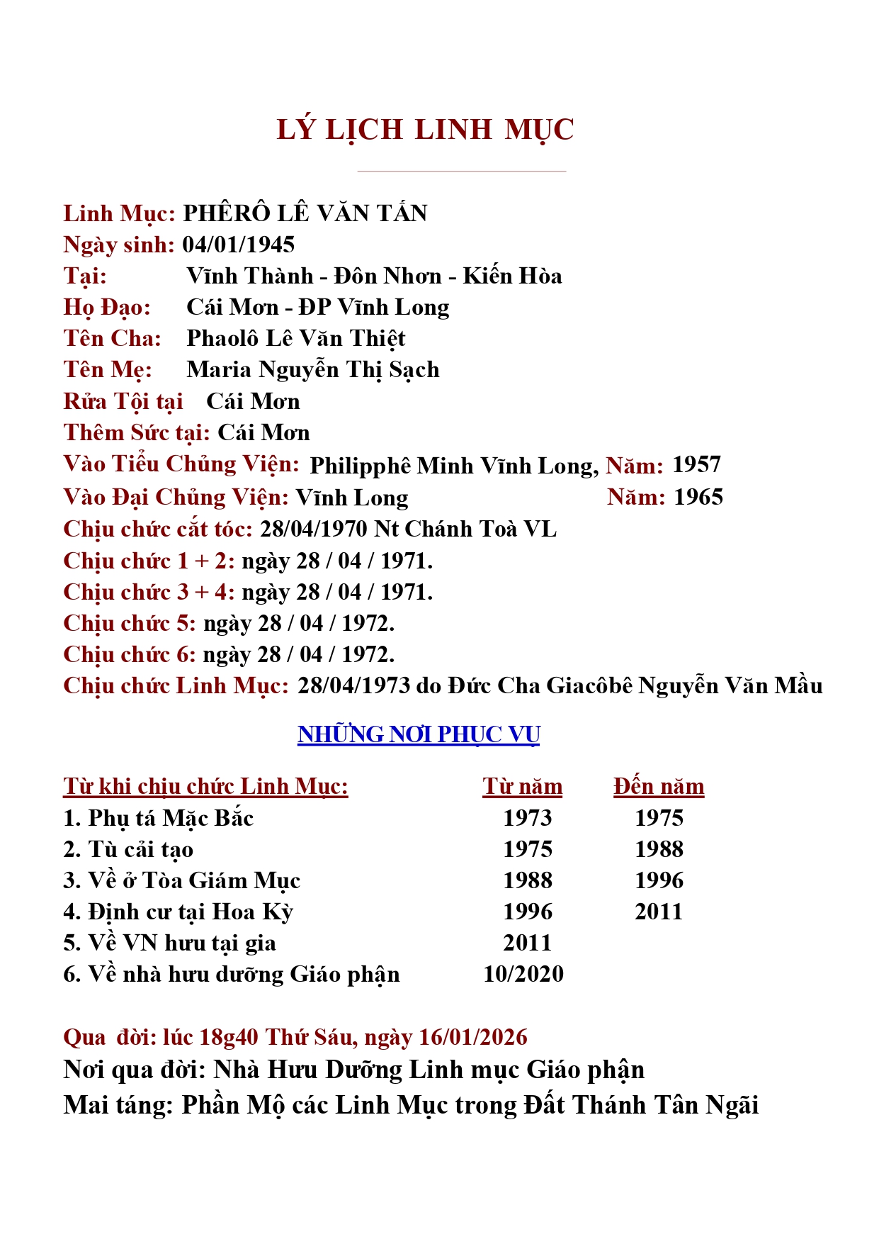 Cáo phó Linh mục Phêrô Lê Văn Tấn – Giáo phận Vĩnh Long