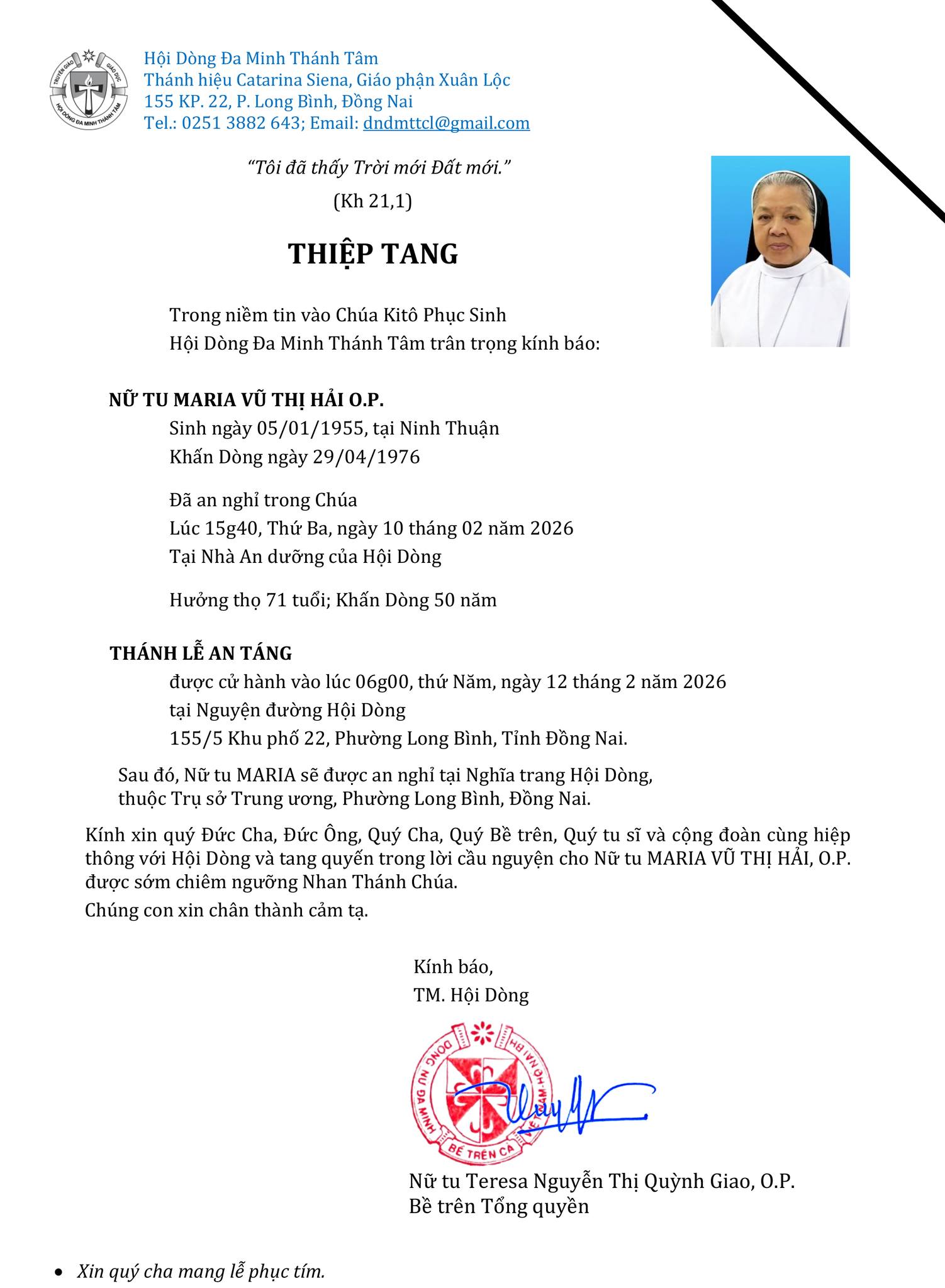 Nữ tu Maria Vũ Thị Hải O.P đã được Chúa gọi về