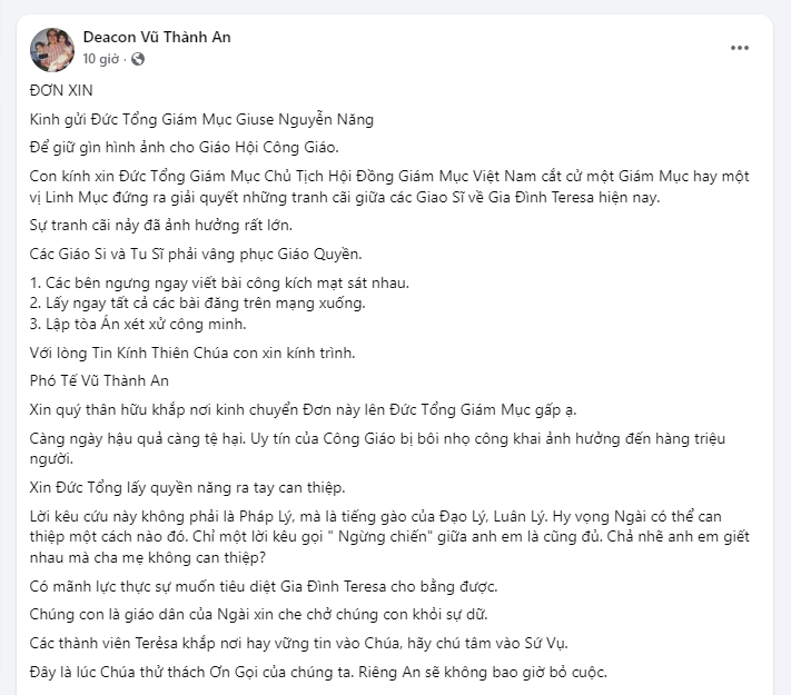 Phó Tế Gioan Maria Teresa Vũ Thành An gửi đơn lên Đức TGM Giuse Nguyễn Năng