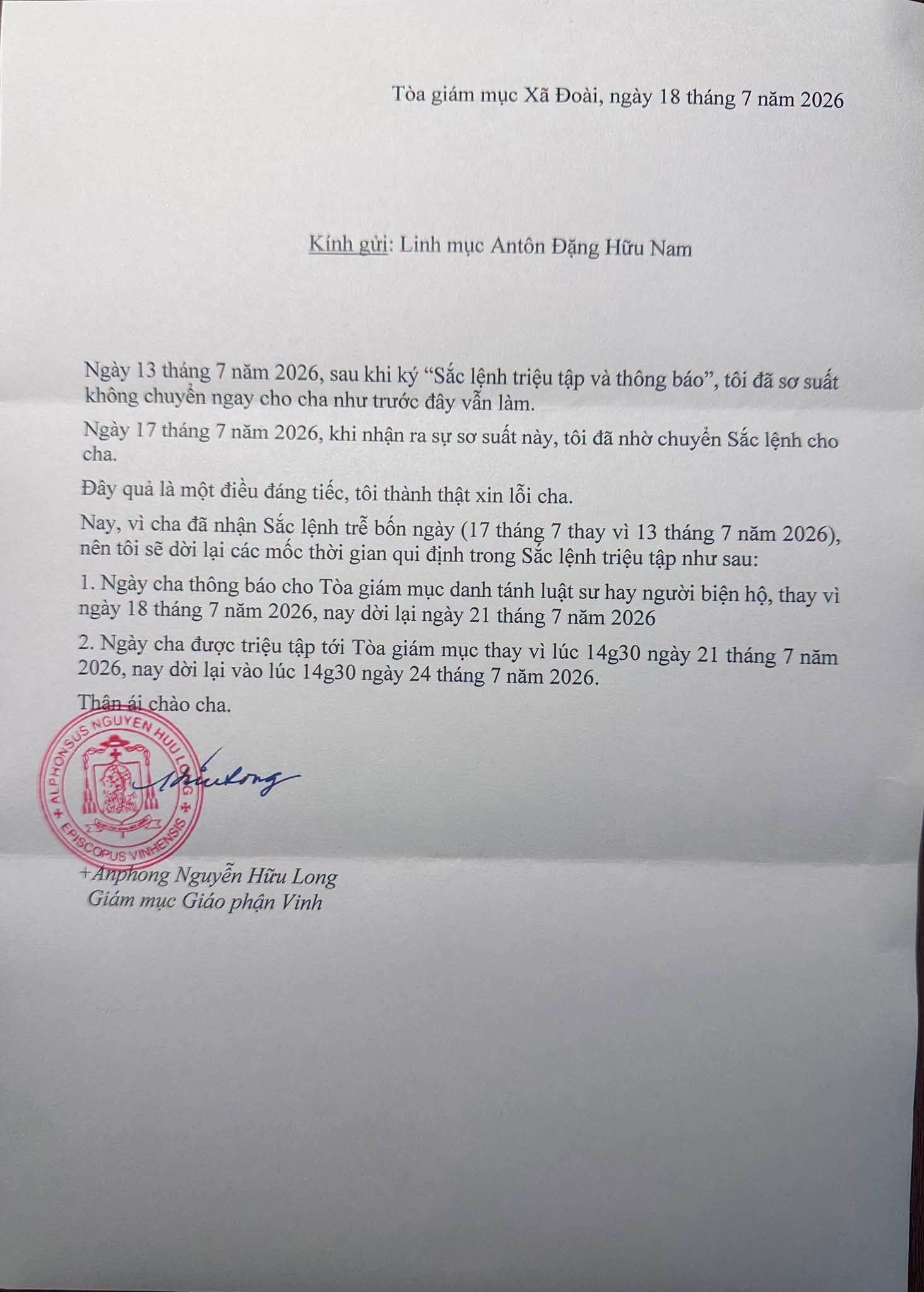 GP Vinh dời ngày triệu tập Lm Antôn Đặng Hữu Nam vì sơ suất