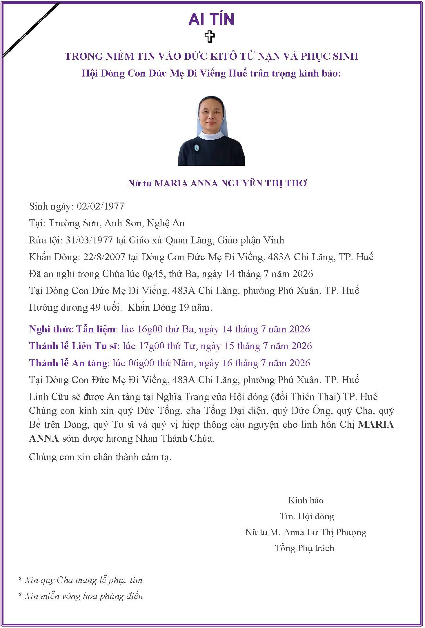 Cáo phó: Nữ tu Maria Anna Nguyễn Thị Thơ