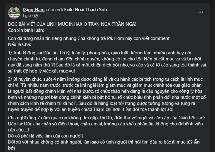 Lm Antôn Đặng Hữu Nam phản hồi bài viết của Lm Inhaxiô Trần Ngà (GP Nha Trang)