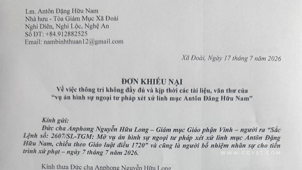 Lm Antôn Đặng Hữu Nam gửi đơn khiếu nại vì chưa nhận được Sắc lệnh triệu tập