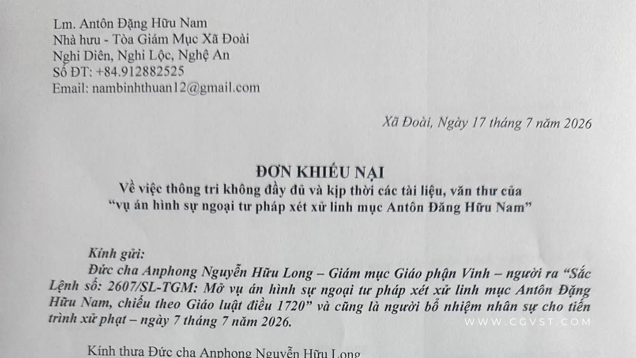 Lm Antôn Đặng Hữu Nam gửi đơn khiếu nại vì chưa nhận được Sắc lệnh triệu tập