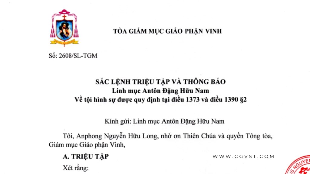 Sắc lệnh triệu tập và thông báo với Linh mục Antôn Đặng Hữu Nam