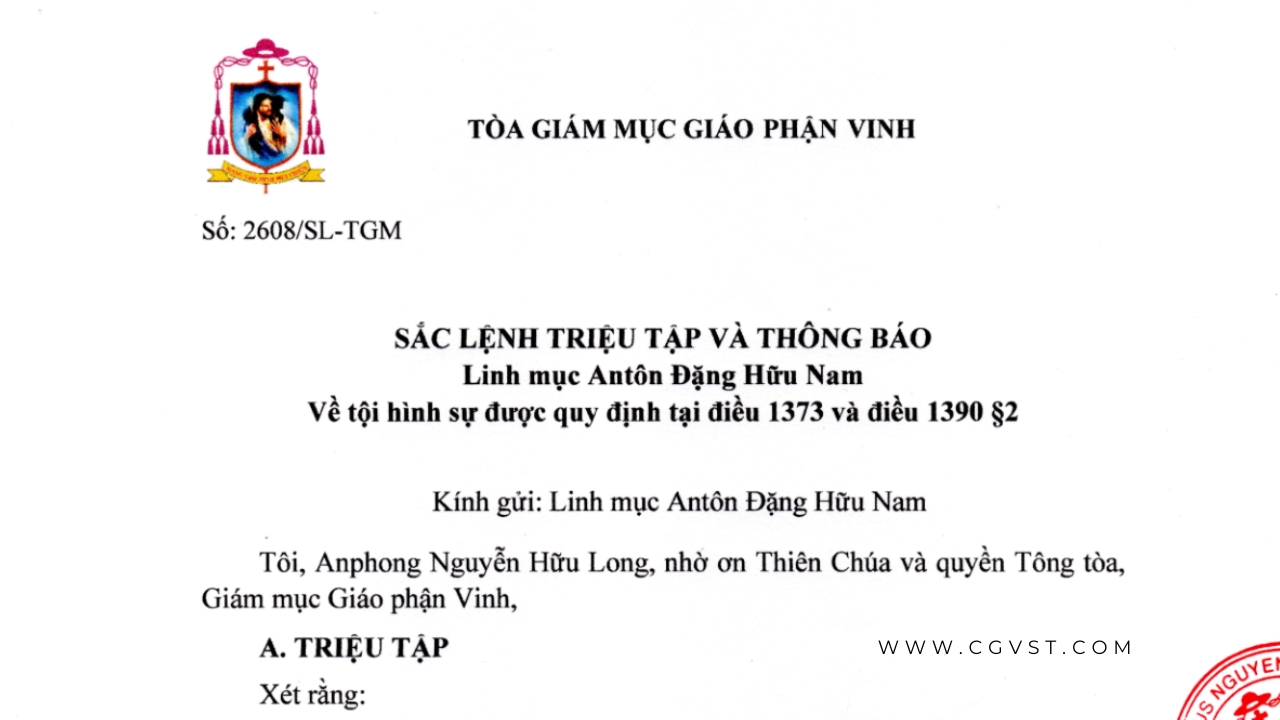 Sắc lệnh triệu tập và thông báo với Linh mục Antôn Đặng Hữu Nam