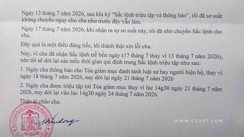 GP Vinh dời ngày triệu tập Lm Antôn Đặng Hữu Nam vì sơ suất