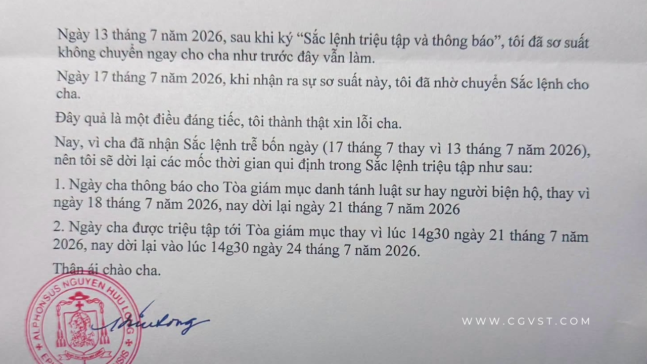 GP Vinh dời ngày triệu tập Lm Antôn Đặng Hữu Nam vì sơ suất