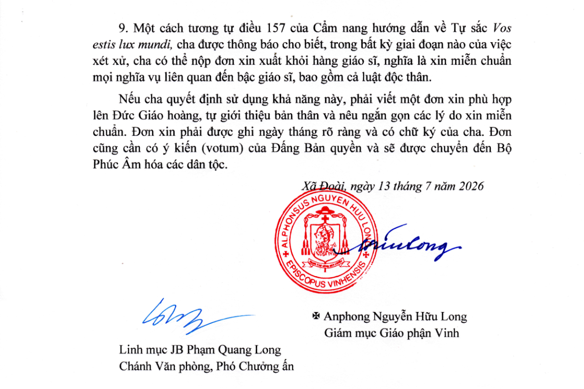 Tòa Giám mục GP. Vinh: Sắc lệnh triệu tập và thông báo với Linh mục Antôn Đặng Hữu Nam