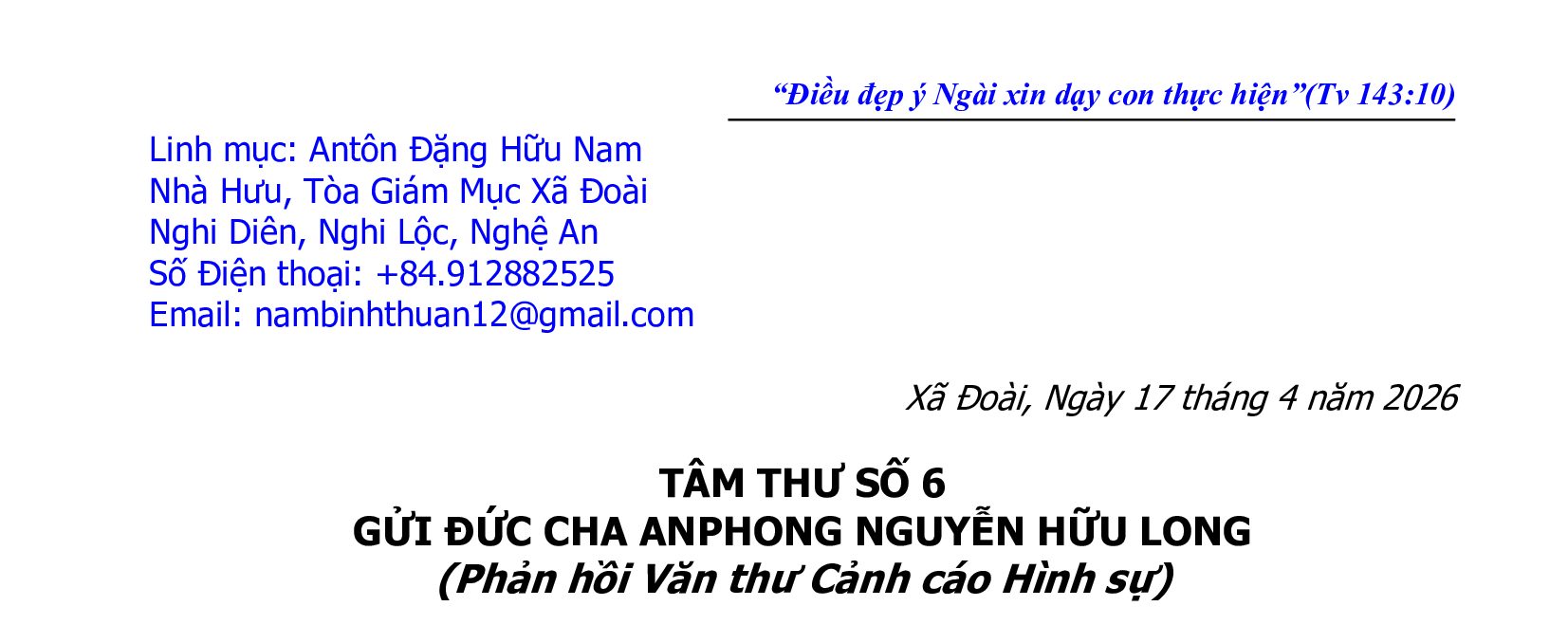 Lm Antôn Đặng Hữu Nam gửi tâm thư số 6 tới ĐGM Anphong Nguyễn Hữu Long